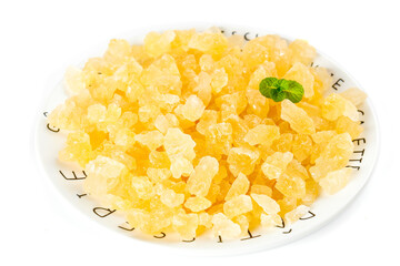 Yellow Crystallized Sugar Cubes with Mint on White Plate - Handmade Sweet Confectionery Ingredients