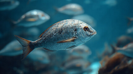 A close up of a silver fish swimming in blue water with other fish in the background in an aquarium