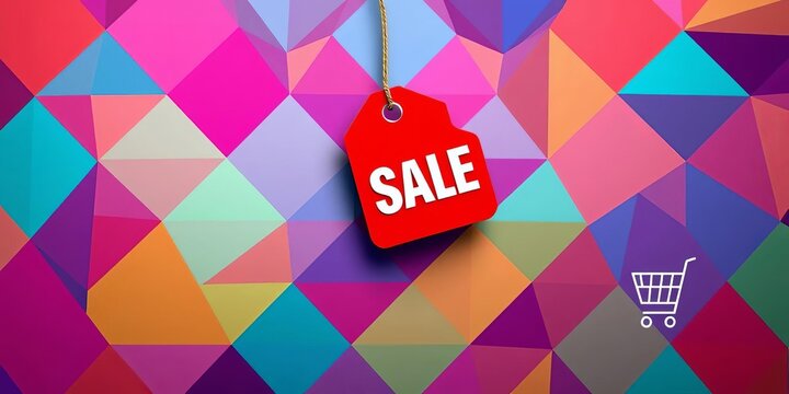 Memphis style banner with sale tag and shopping cart icons on vibrant geometric background, template, marketing