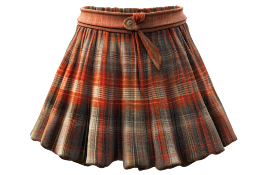 Traditional kilt with a checkered pattern featuring warm colors, showcasing intricate pleats and a buttoned waistband, ideal for cultural events and celebrations