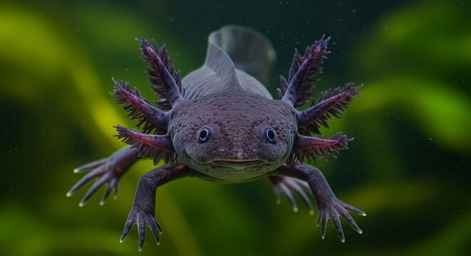 A dark-colored ajolote swims towards the viewer, showcasing its feathery gills and small limbs against a blurred green background.