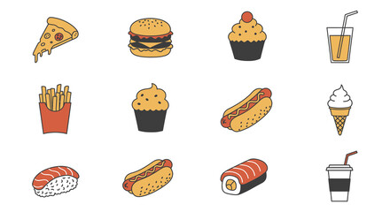 A variety of fast food and dessert items on a white background
