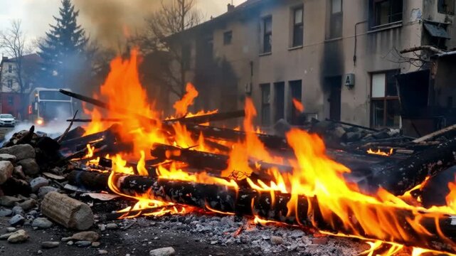 intense fire and smoke fill crumbling city street