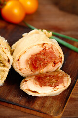 Traditional Inner Mongolia Mutton Belly Rolls - Fresh Sliced Meat Buns on Wooden Board