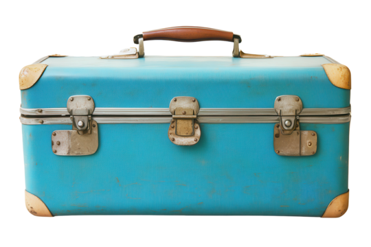 Blue travel suitcase with leather handle, designed for adventure and exploration, perfect for packing essentials for trips or vacations, showcases vintage appeal with exterior wear marks