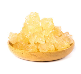 Yellow Rock Sugar Crystals in Wooden Bowl - Traditional Natural Sweetener and Cooking Ingredient