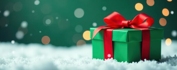 Fototapeta premium Elegant green gift box, bright red bow, festive winter backdrop Perfect for holiday greetings , green box, banner, holiday