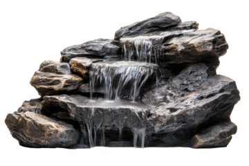 Water flowing over an artificial rock formation with a gentle cascade creating a tranquil setting in a landscaped space