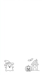 Cute Minimal Vertical Line Art of Pumpkin Ghost and Haunted House