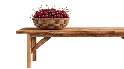 Rustic Wooden Table With A Woven Basket Of Red Cherries isolated on transparent background