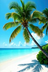 Mature coconut tree, white sand, turquoise Bintan waters, Bintan, coast, shore