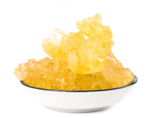 Large Yellow Rock Candy Crystals in White Bowl - Sweet Confectionery Sugar Chunks