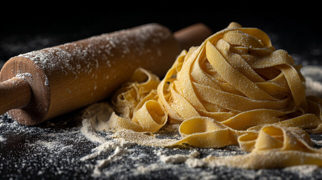 Fresh pasta and a wooden rolling pin covered in flour on a dark surface in a studio setting