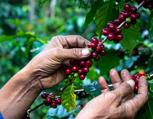 close up of farmer's hands picking coffee beans
