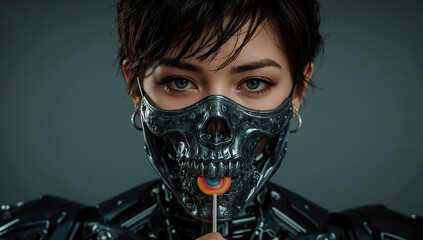 Futuristic Woman Wearing Metallic Mask Holding Colorful Lollipop Against Dark Background
