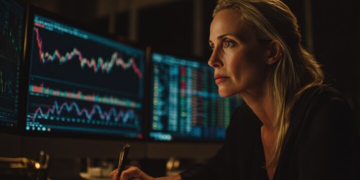 A female scientist looks at a monitor with graphs and data. She is conducting complex research or analyzing scientific data on a computer.