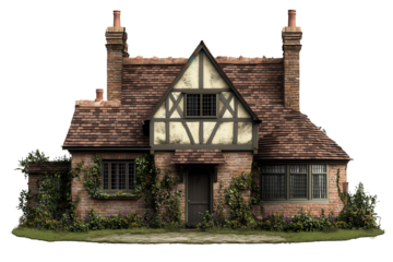 Charming traditional cottage features rustic architecture and vibrant greenery in a serene outdoor setting with detailed brickwork and classic roof design