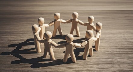 Wooden figures forming circle, holding hands on wood