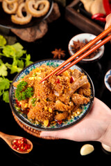 Spicy Beef Tripe Asian Dish with Chopsticks and Fresh Herbs Traditional Farm-to-Table Cooking