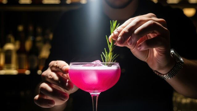 A bartender garnishing a vibrant pink cocktail with a sprig of rosemary.