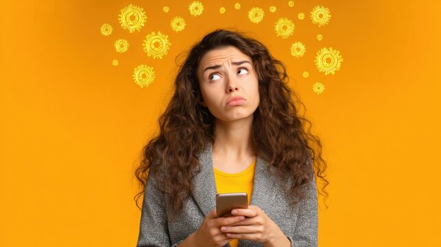 A puzzled young woman with a smartphone has many social media icons floating above her head. She is overwhelmed by information and communication.