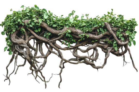 Twisted jungle roots and thickets showcase intricate patterns against a bright background, highlighting the complexity of nature and biodiversity in isolated environments