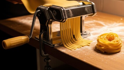A pasta machine cutting fresh dough into fettuccine next to a nest of pasta.