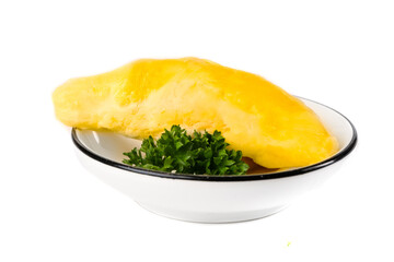 Fresh Golden Durian Fruit Flesh in White Bowl with Parsley Garnish on White Background