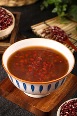 Fresh Red Bean Soup with Raw Northeastern Beans on Wooden Board - Healthy Farm Cooking