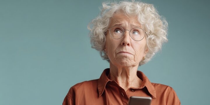 A senior woman with a smartphone looks away with a contemplative expression. She is reflecting on a serious thought, perhaps confused or uncertain about a digital task.