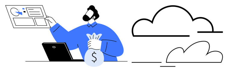 Man accessing dashboard on laptop and holding money bag, representing finance, technology, savings, cloud storage, digital banking, investment, and data management as a simple flat metaphor