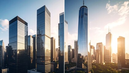 Sunlit cityscape panorama; two sections show various skyscrapers at sunrise