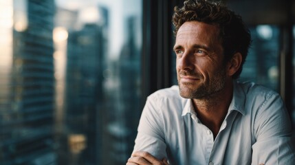 Obraz premium A portrait of a thoughtful man looking out a window. This image represents a feeling of hope, serenity, and optimism for the future.