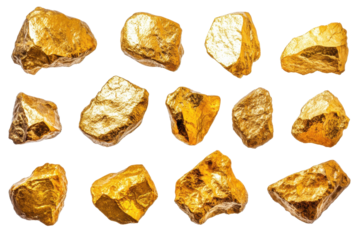Collection of isolated gold nuggets showcasing their natural luster and unique shapes, highlighting the beauty of precious minerals