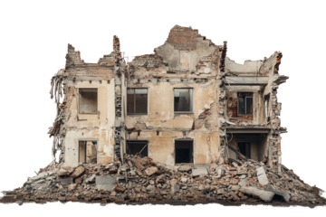 Demolition site showcasing demolished buildings and residential houses amid rubble and debris in an urban landscape