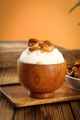 Steamed Rice with Spicy Squid Rings in Wooden Bowl - Asian Comfort Food
