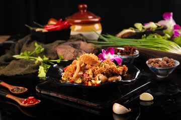 Spicy Farm Fresh Tripe Dish with Traditional Herbs and Spices on Black Plate