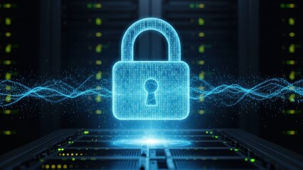 A glowing blue digital padlock on a server rack with data waves.