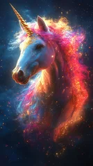 Fototapete Pony Enchanting photo of a majestic unicorn with glowing mane and horn in a celestial scene  © Urme