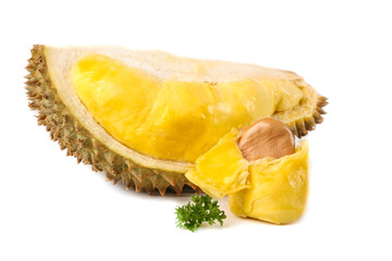 Fresh Golden Durian Fruit with Creamy Flesh and Spiky Shell on White Background