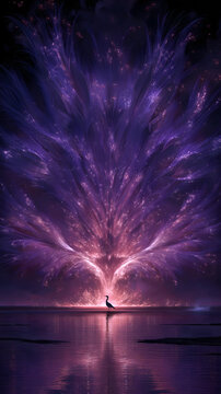 Persian Myth・Spiritual Light-Dust Battle | Golden Photon Streams Clashing with Violet Dark Matter in Nebula, Fire Altar at Convergence, Simurgh Silhouette from Sparks