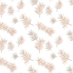 Seamless pattern of stylized, beige-toned palm leaves scattered across a white background.