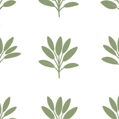 Seamless pattern of stylized sage leaves on a white background.  A simple, repeating botanical design.