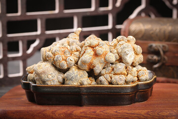 Panax Pseudoginseng Roots Wenshan Yunnan Chinese Traditional Medicine Herbs in Wooden Bowl