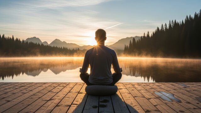 Man meditating on a pier at sunrise over a tranquil, mountainous lake.