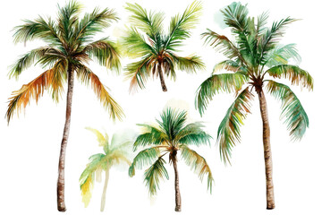 Beautiful watercolor artwork of coconut trees showcasing vibrant green leaves on a clean white background for tropical decor and nature enthusiasts