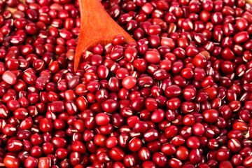 Fresh Red Adzuki Beans with Wooden Spoon - Healthy Vegan Protein Legumes for Asian Cooking