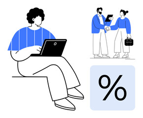 Person working on a laptop, two professionals shaking hands with documents, and percentage sign. Ideal for teamwork, remote work, finance, business, collaboration negotiation growth. Modern flat