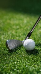 Close up of a golf club and ball resting on a perfectly manicured green golf course fairway