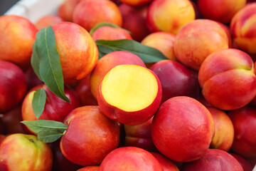 Fresh Ripe Nectarines with Red Yellow Skin Cut Half Showing Golden Flesh Organic Stone Fruit